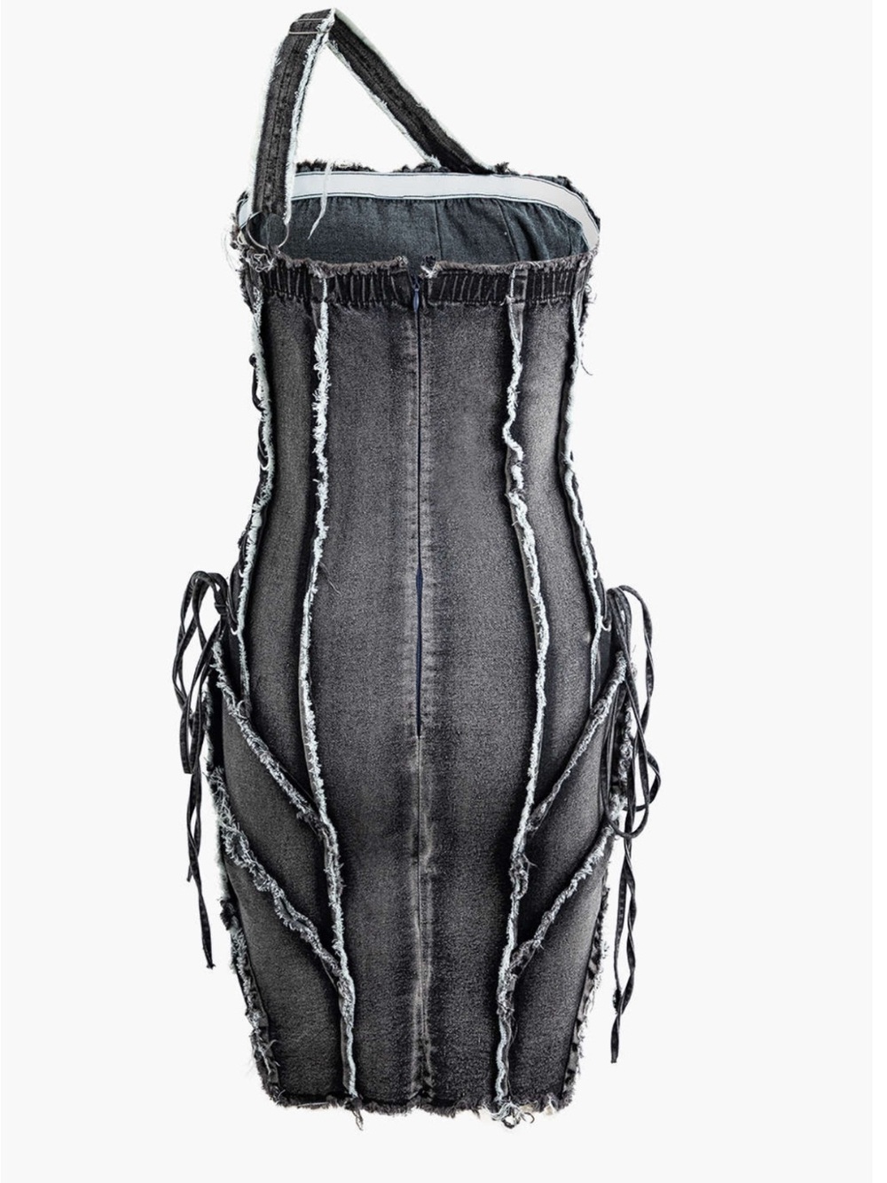Asymmetric Frayed Denim Mini Dress | Dark Grey - Picture 2 of 4